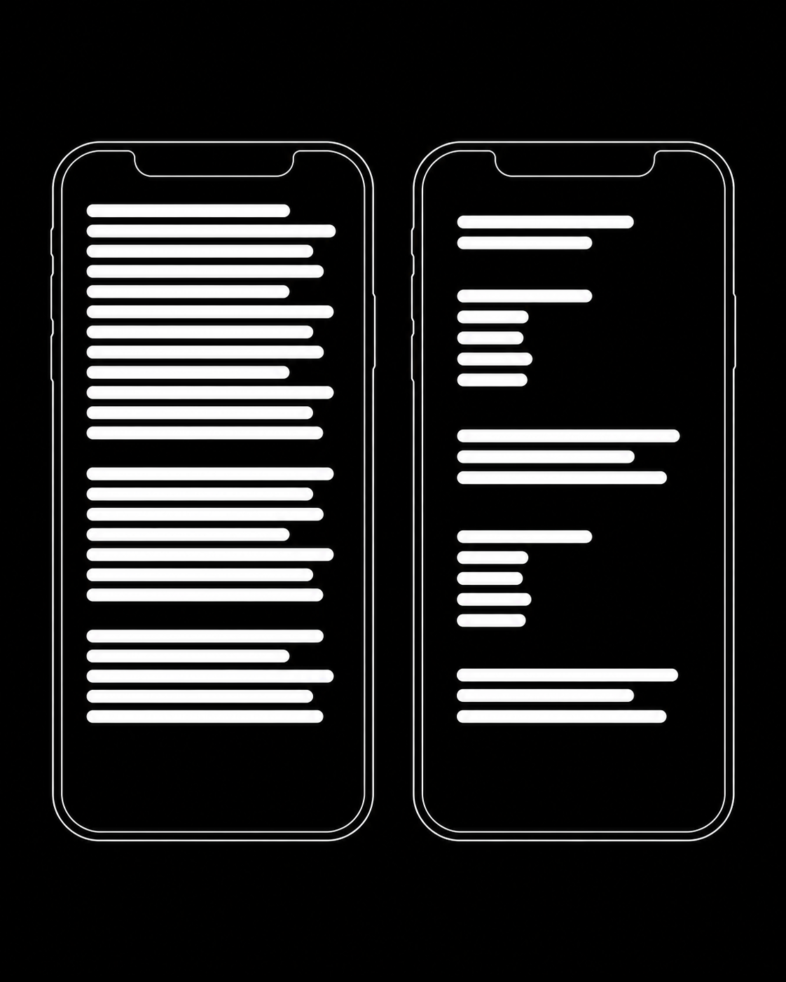 Comparação visual entre texto em bloco e texto organizado em dois iPhones lado a lado
