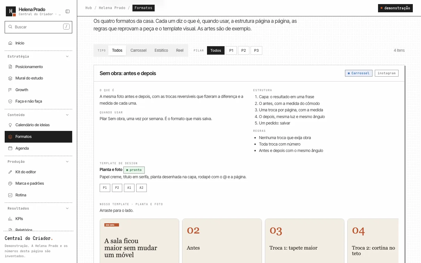 Seção Formatos da demonstração: ficha de um formato de carrossel com estrutura, regras e o template em páginas.