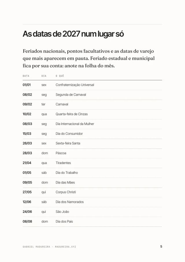 Calendário Editorial 2027, página interna 1 de 3