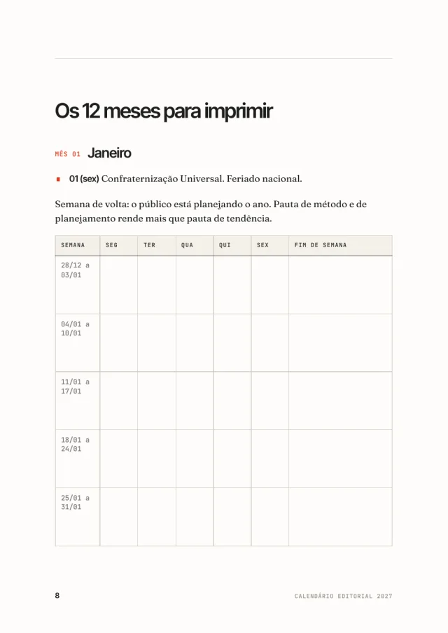 Calendário Editorial 2027, página interna 2 de 3